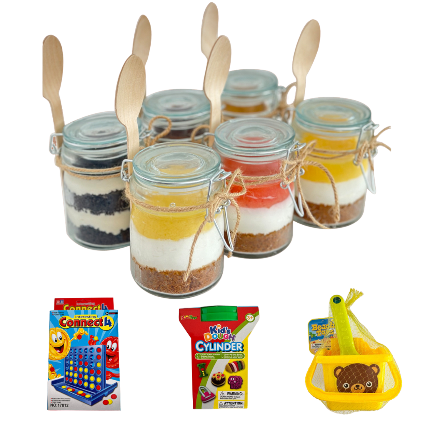 Assorted mini puddings and mini chilled cheese cake in Jars (6 pcs) & comes with 1 free toy